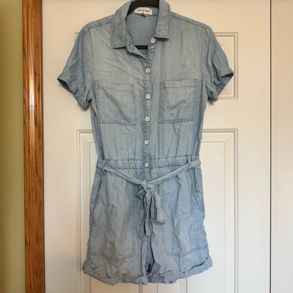 CLOTH & STONE Rolled Hem Utility Chambray Romper, Soft Tencel, Size Small - Picture 2 of 9